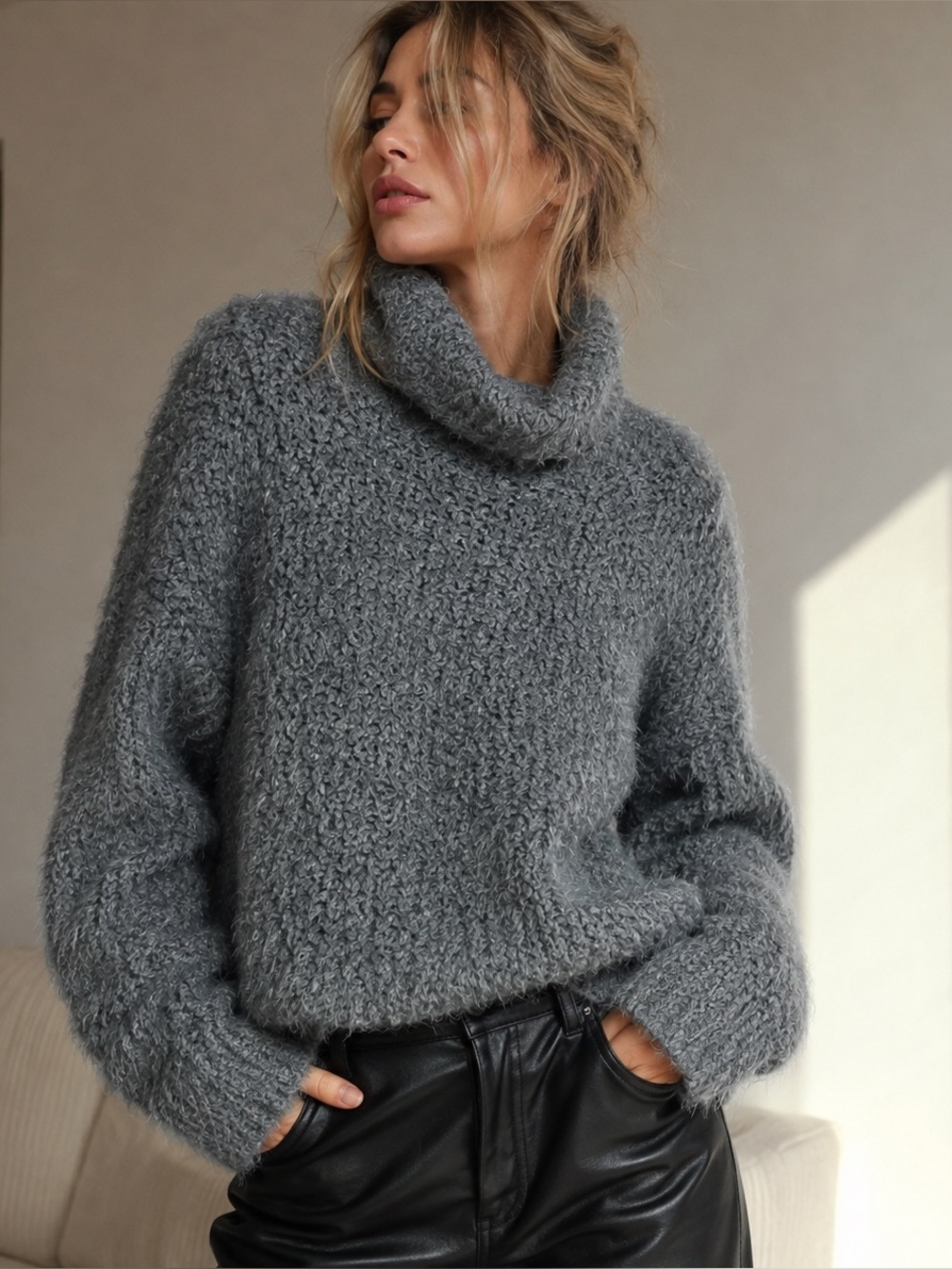 POL Women’s Fluffy Eyelash Knit Cowl Neck Sweater Gray Textured Pullover Sz S